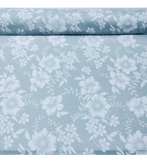 Tkanina bawełniana wzór białe koronkowe kwiaty na szaro-zielonem tle