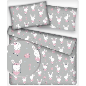 Tkanina bawełniana wzór biały króliczek w różowej sukience na szarym tle
