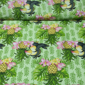 Tkanina bawełniana wzór papuga z ananasem na zielonym tle