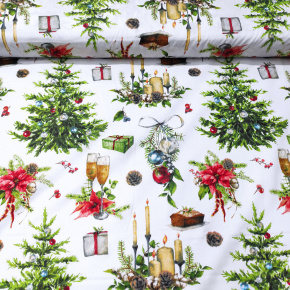 Świąteczna tkanina bawełniana wzór Drzewko Świąteczne na białym tle