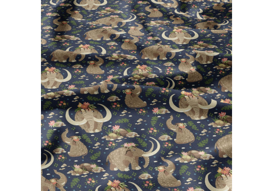 Tkanina bawełniana wzór mamuty na granatowym tle