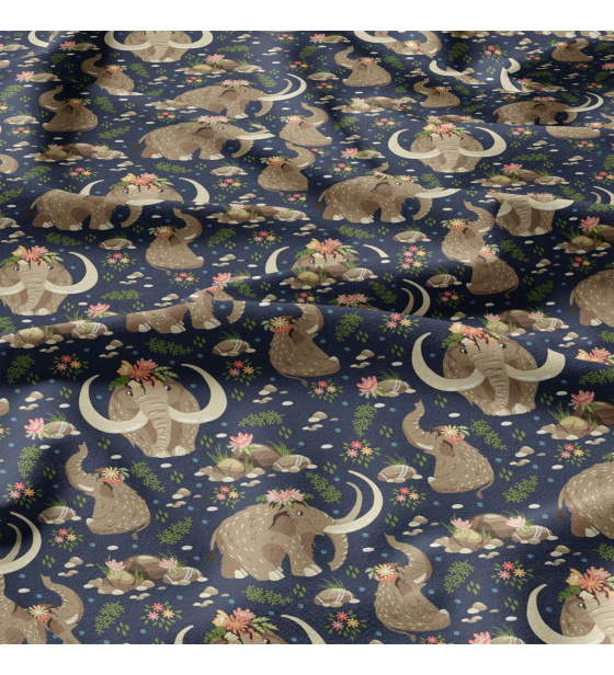 Tkanina bawełniana wzór mamuty na granatowym tle