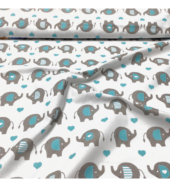 Dekorační bavlněná látka, metráž, Sloni se srdíčky Tyrkysové na Bílém