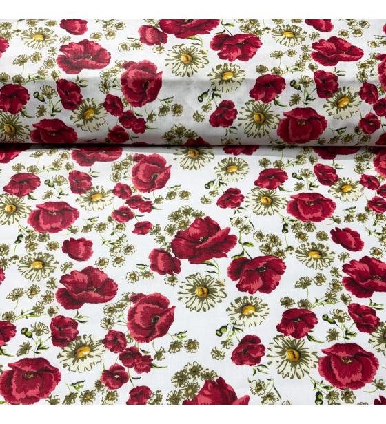 Bavlněné látký vzor kytíčky Mák na bílém