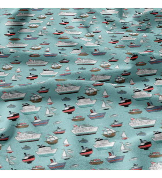 Tkanina bawełniana wzór statki na niebieskim tle