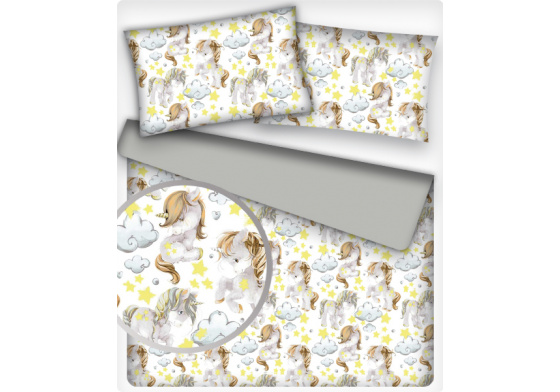 Bavlněné látky vzor Jednorožec šedé na bílém