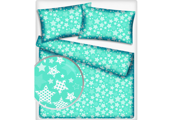 Dětská dekorační bavlněná látka vzor hvězdy modern barva mentolová