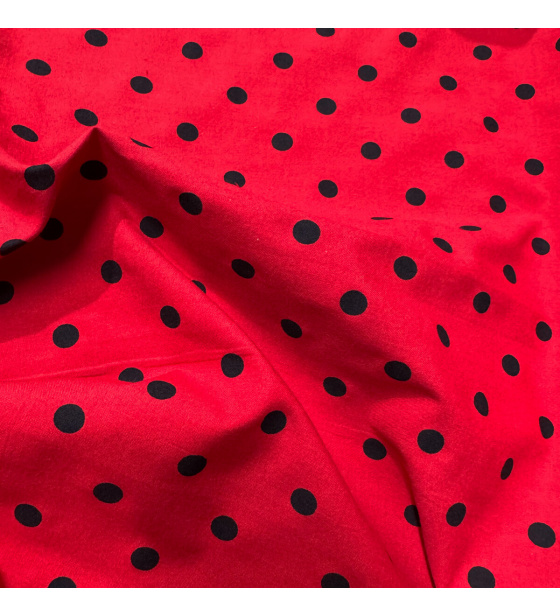 Dětské bavlněné látky vzor Puntík 7 mm Černý na červenám, metráž