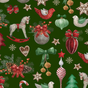 Świąteczna tkanina bawełniana wzór Konia na zielonym tle