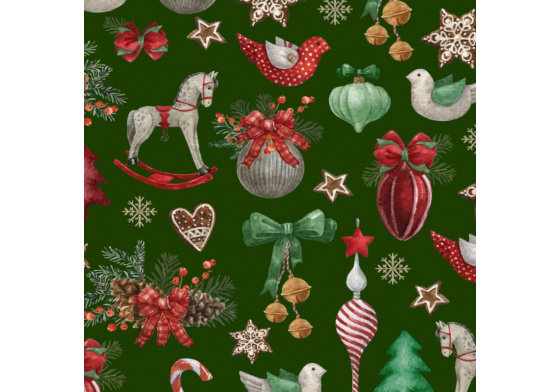 Vánoční látka, metráž 160 cm, vzor koně na zeleném