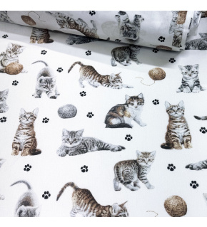 Tkanina bawełniana ze wzorem kot z piłką na białym tle