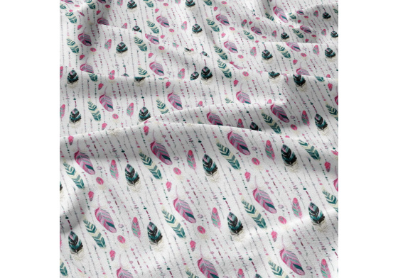 Tkanina bawełniana wzór zielono - amarantowe pióra