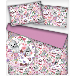 Tkanina bawełniana wzór szare koala i różowe kwiaty