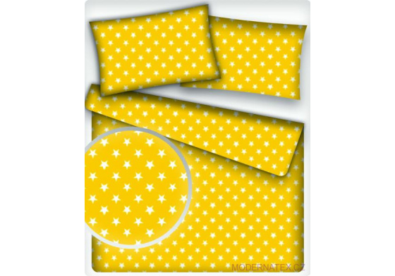 Dětská dekorační bavlněná látka vzor hvězdy bílé na žlutém 