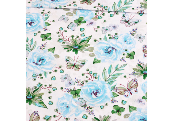 Dekorační dětská bavlněná látka vzor kytičky velké Růže modré na bílém