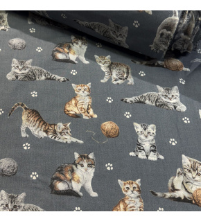 Tkanina bawełniana wzór Kot z piłką na szarym tle