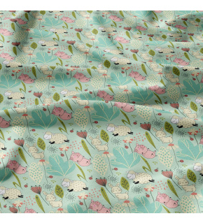 Tkanina bawełniana wzór owcy na mentolowym tle 124