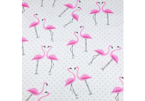 Tkanina bawełniana dla dzieci wzór flaminga z kropkami szarymi na białym tle