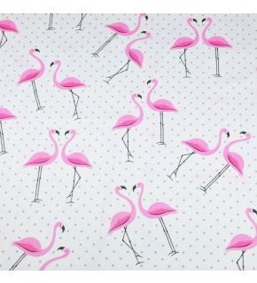 Tkanina bawełniana dla dzieci wzór flaminga z kropkami szarymi na białym tle