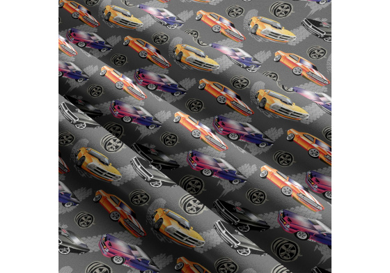 Tkanina bawełniana wzór auto na grafitowym tle