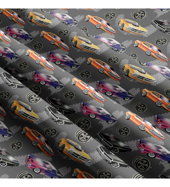 Tkanina bawełniana wzór auto na grafitowym tle
