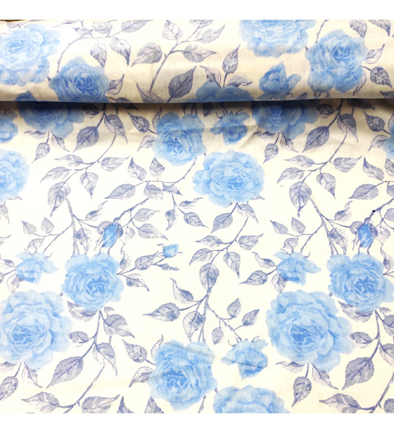Dekorační dětská bavlněná látka vzor Růže modré na bílém