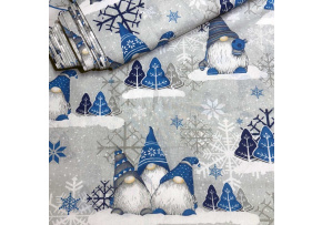 Świąteczna tkanina bawełniana wzór szaro-niebieskie Skrzaty Świąteczna tkanina bawełniana wzór szaro-niebieskie Skrzaty