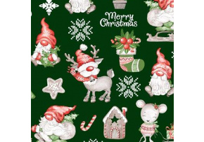 Świąteczna tkanina bawełniana wzór RUDOLF na zielonym tle Świąteczna tkanina bawełniana wzór RUDOLF na zielonym tle