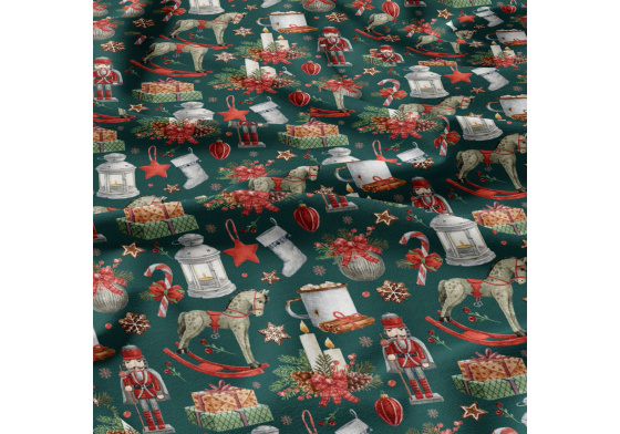 Świąteczna tkanina bawełniana wzór Świąteczny na zielonym tle