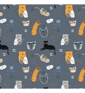Tkanina bawełniana wzór kotki z mlekiem na grafitowym tle