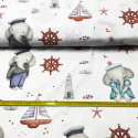 Tkanina bawełniana wzór Słonie i ster na białym tle 690