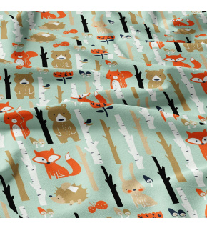 Tkanina bawełniana wzór zwierzęta leśne na mentolowym tle