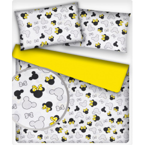 Tkanina bawełniana wzór Myszka Miki z żółtymi kokardkami na białym tle