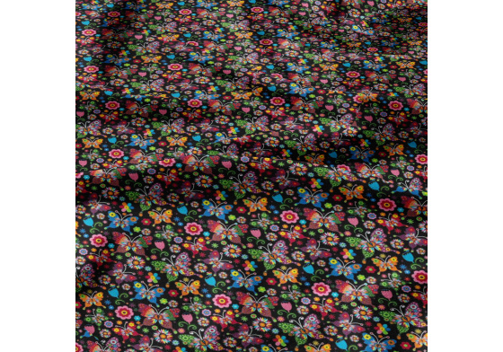 Tkanina bawełniana wzór letnie motyle na czarnym tle