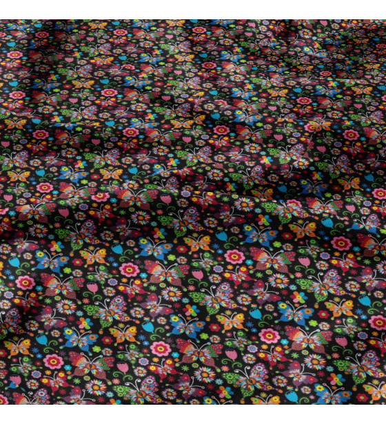 Tkanina bawełniana wzór letnie motyle na czarnym tle