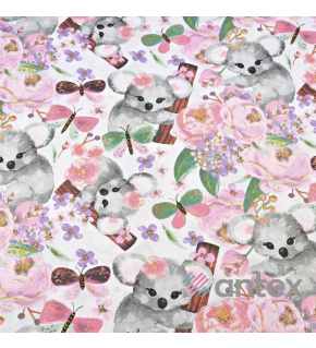 Tkanina bawełniana wzór szare koala i różowe kwiaty
