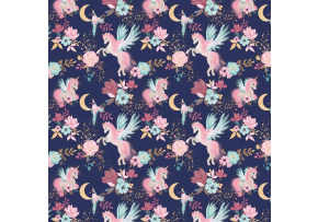 Tkanina bawełniana wzór Jednorożec na granatowym tle Tkanina bawełniana wzór Jednorożec na granatowym tle