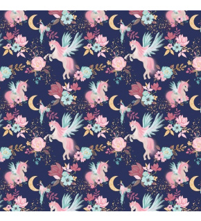 Tkanina bawełniana wzór Jednorożec na granatowym tle