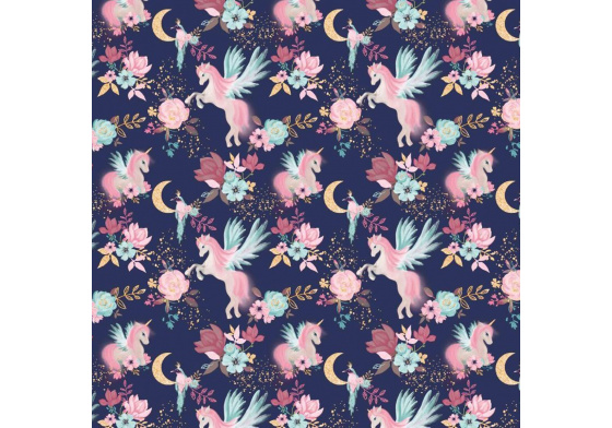 Tkanina bawełniana wzór Jednorożec na granatowym tle