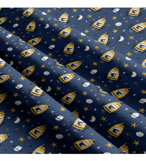 Tkanina bawełniana dla dzieci wzór Rakieta 676 na j.niebieskim tle