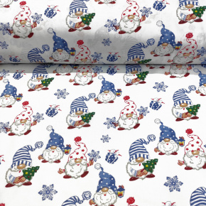 Tkanina bawełniana świąteczna Skrzaty niebieskie na białym tle