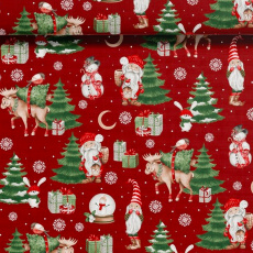 Tkanina bawełniana świąteczna wzór Bałwana na czerwonym tle