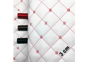 Ekoskóra MIX 3x3 cm, kolor Biały pikowana Czerwoną nicią 145 cm Ekoskóra MIX 3x3 cm, kolor Biały pikowana Czerwoną nicią 145 cm