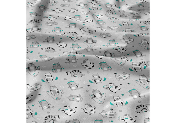 Tkanina bawełniana wzór szare koty na szarym tle