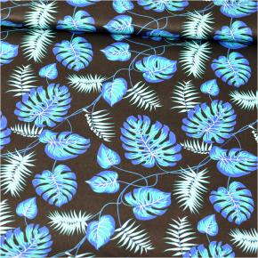 Tkanina bawełniana wzór niebieskie Tropikalne Liście na czarnym