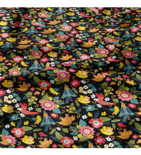 Tkanina bawełniana wzór Ptasi Raj na czarnym tle