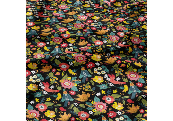 Tkanina bawełniana wzór Ptasi Raj na czarnym tle