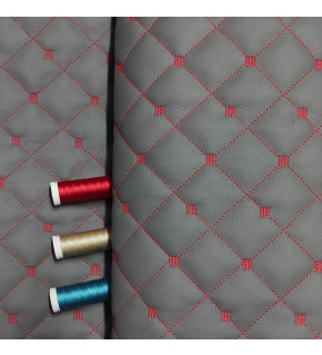 Ekoskóra MIX 3x3 cm, kolor Szary pikowana Czerwoną nicią 145 cm