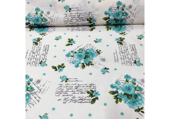 Dekorační dětská bavlněná látka vzor kytičky Tyrkys