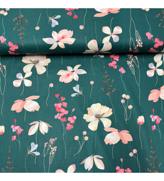 Bavlněné látky vzor Květiny na Zeleném